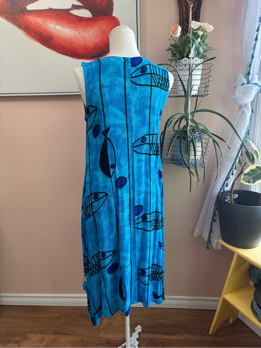 Vintage Bright Blue Sleeveless Maxi Dress with Fish Print - Picture 3 of 11